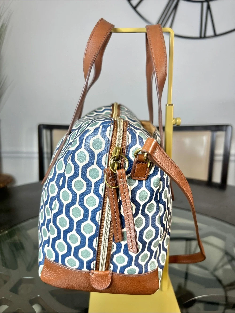 Fossil Geometric Print Satchel Shoulder Bag Blue Teal Coated Canvas Brown